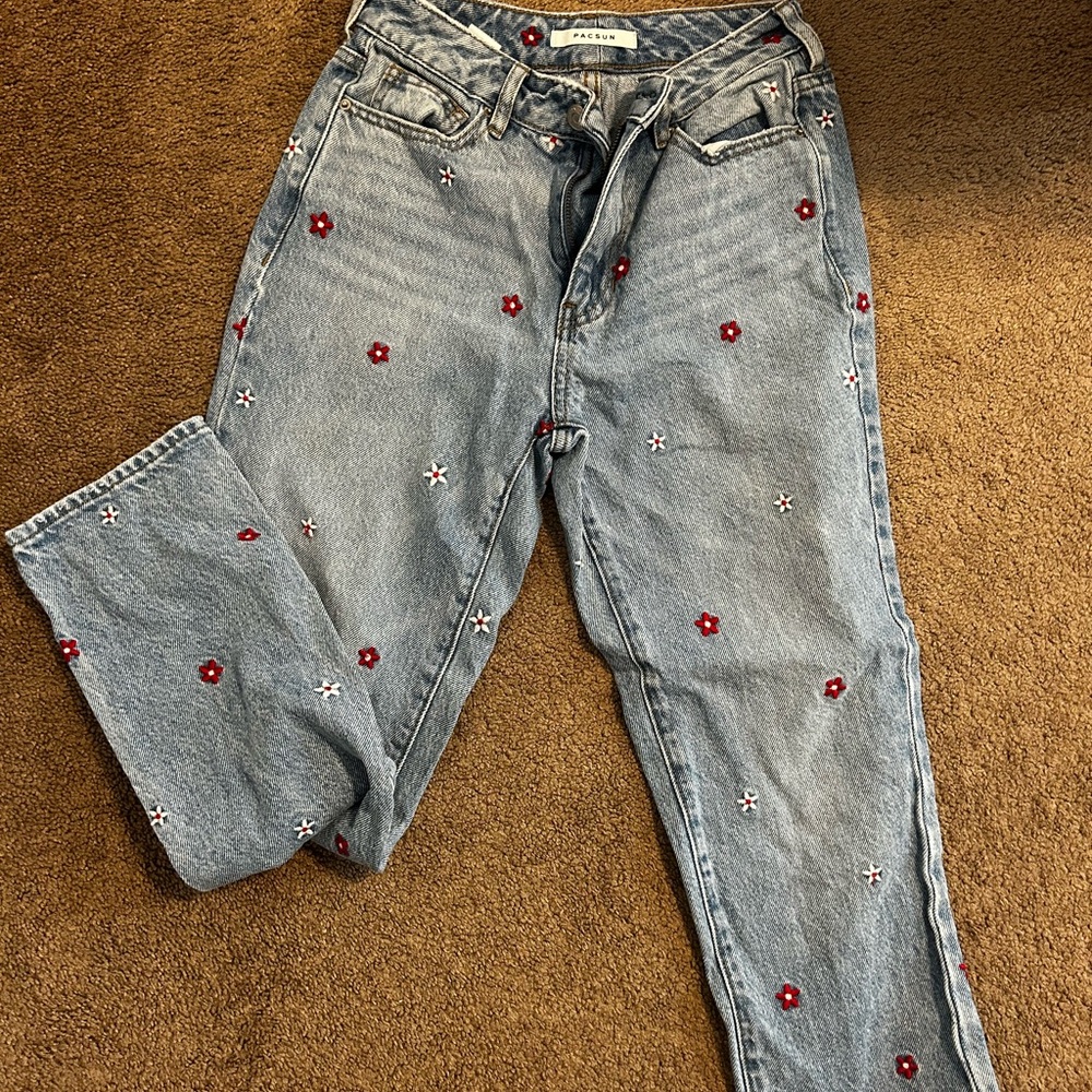 PacSun Blue and Red Straight Leg Jeans with Embroidered Accents